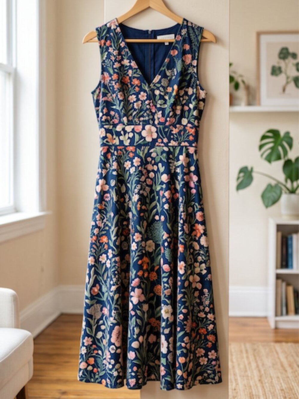Floral Sleeveless V-Neck Midi Dress in Navy Blue | A-Line Fitted Waist